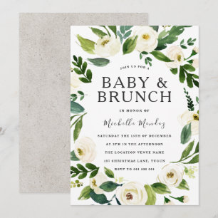 White Floral Wreath Baby shower Brunch Kaart
