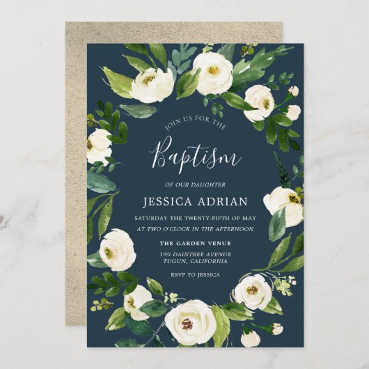 White Floral Wreath Baptism Christening Invite Kaart (Voorkant / Achterkant)