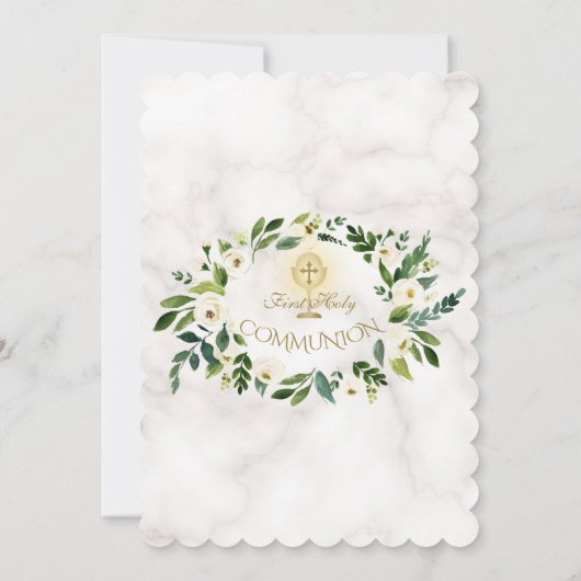 White Floral Wreath Cross Marble Heilige Communie Kaart (Achterkant)