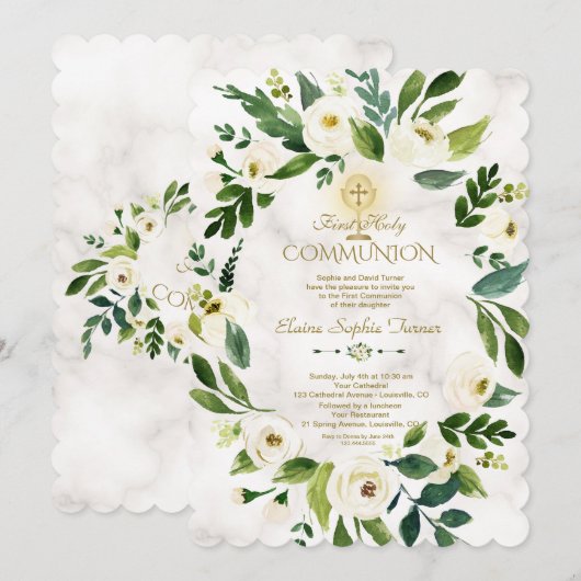 White Floral Wreath Cross Marble Heilige Communie Kaart (Voorkant / Achterkant)