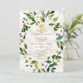 White Floral Wreath Cross Marble Heilige Communie Kaart (Staand voorkant)