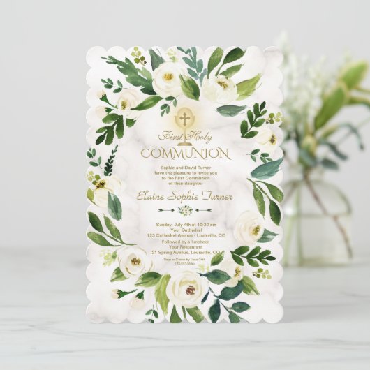White Floral Wreath Cross Marble Heilige Communie Kaart (Staand voorkant)