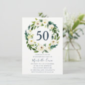 White Floral Wreath Green 50th Birthday Party Kaart (Staand voorkant)