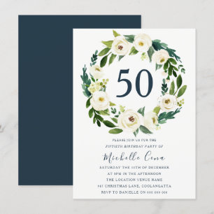 White Floral Wreath Green 50th Birthday Party Kaart