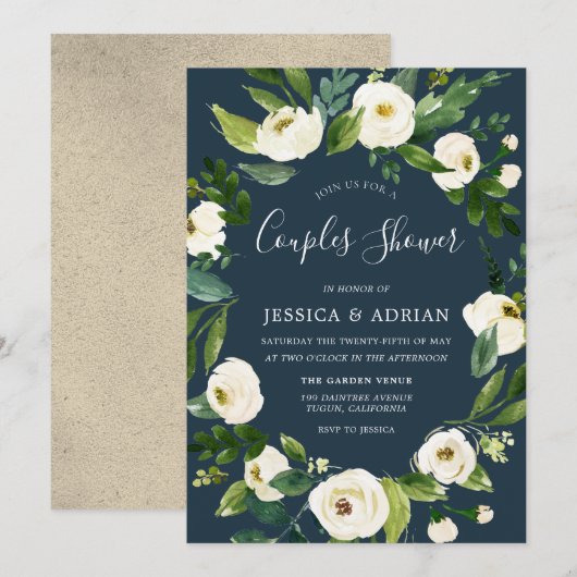 White Floral Wreath Modern Wedding Shower Invite Kaart (Voorkant / Achterkant)