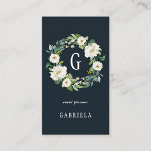 White Floral Wreath Monogram Visitekaartje