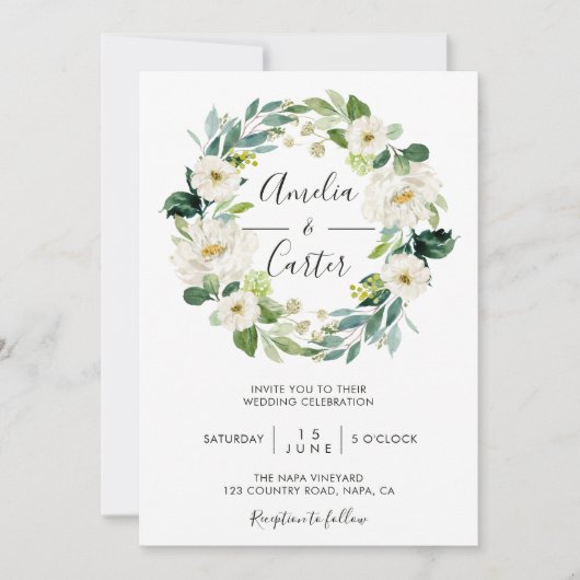 White Floral Wreath Wedding Invitation Kaart (Voorkant)