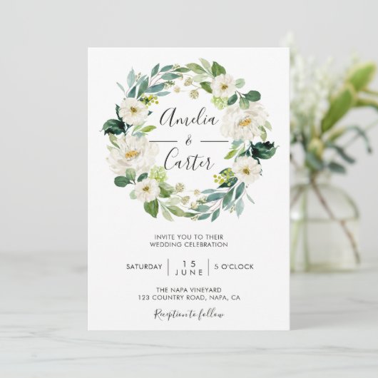 White Floral Wreath Wedding Invitation Kaart (Staand voorkant)