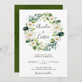 White Floral Wreath Wedding Invitation Kaart