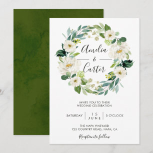 White Floral Wreath Wedding Invitation Kaart