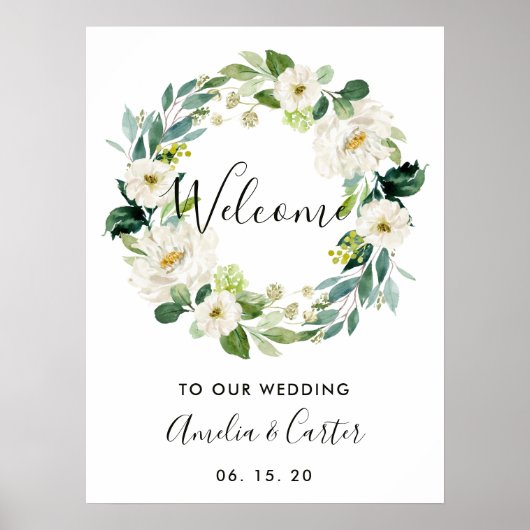 White Floral Wreath Wedding Welcome Sign Poster (Voorkant)