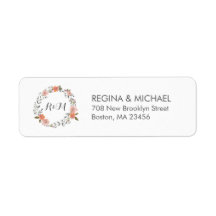 White  Floral WreatMonogram Address Label