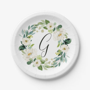 White Floral Wreator Monogram Paper Bord
