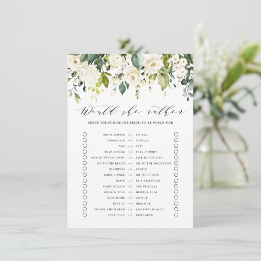 White Floral zou ze liever Vrijgezellenfeest spele Informatiekaartje (Staand voorkant)