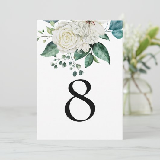 White Florals Eucalyptus Weddenschappen Table Numb (Staand voorkant)
