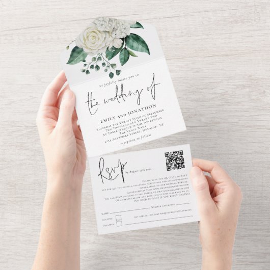 White Florals Foliage QR Code Script Weddenschap All In One Uitnodiging (Afscheurbaar)