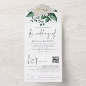 White Florals Foliage QR Code Script Weddenschap All In One Uitnodiging (Binnen)