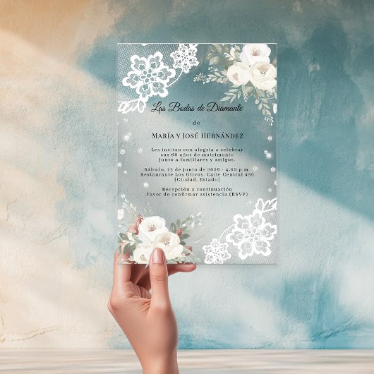  White Florals Invitación Bodas de Diamante Acryl Uitnodigingen