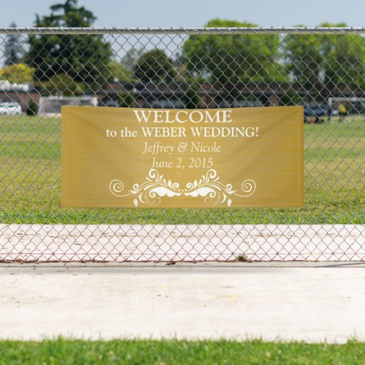 White Flourish on Gold Metallic Wedding Banner (Insitu)