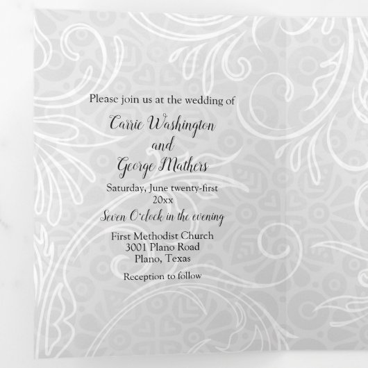 White Flourish Wedding Drieluik Uitnodiging (Binnenzijde eerst)