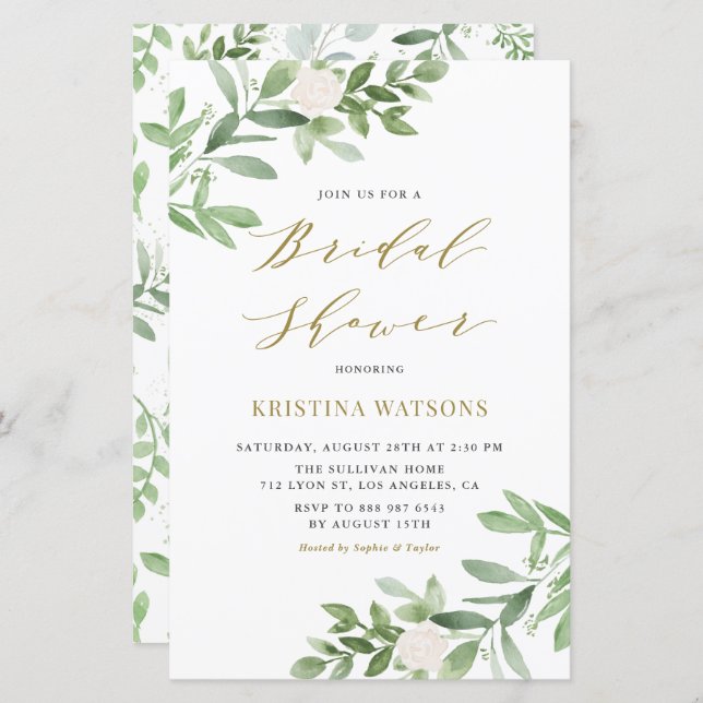 White Flower and Greenery Bridal Shower Invitation (Voorkant / Achterkant)