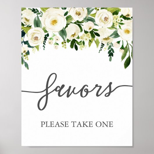 White Flower and Greenery Wedding Favors Sign Poster (Voorkant)