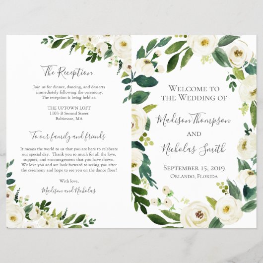 White Flower and Greenery Wedding Program Booklets Flyer (Voorkant)