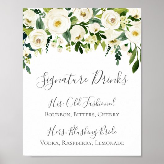 White Flower Green Signature Drinken Cocktail Sign Poster (Voorkant)