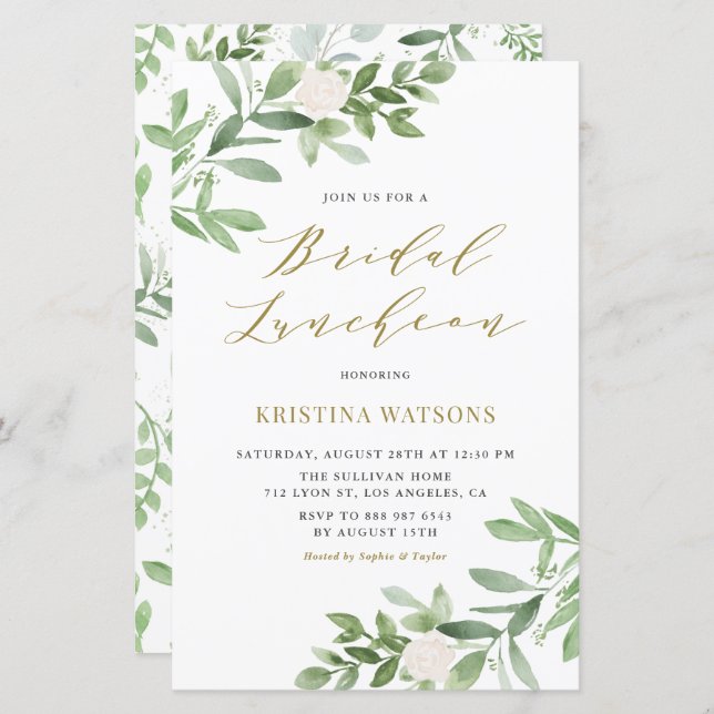 White Flower & Greenery Bridal Luncheon Invitation (Voorkant / Achterkant)