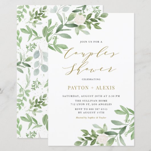 White Flower Greenery Couples Shower Invitation (Voorkant / Achterkant)