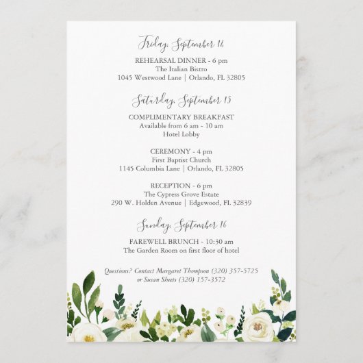 White Flower Greenery Wedding Hotel Welkom Kaarten (Achterkant)