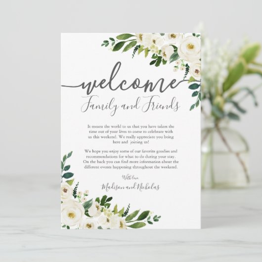 White Flower Greenery Wedding Hotel Welkom Kaarten (Staand voorkant)