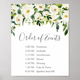White Flower Greenery Wedding Order of Events Sign Poster