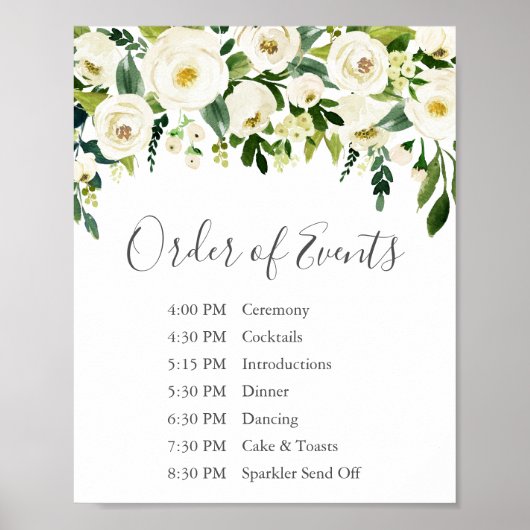 White Flower Greenery Wedding Order of Events Sign Poster (Voorkant)