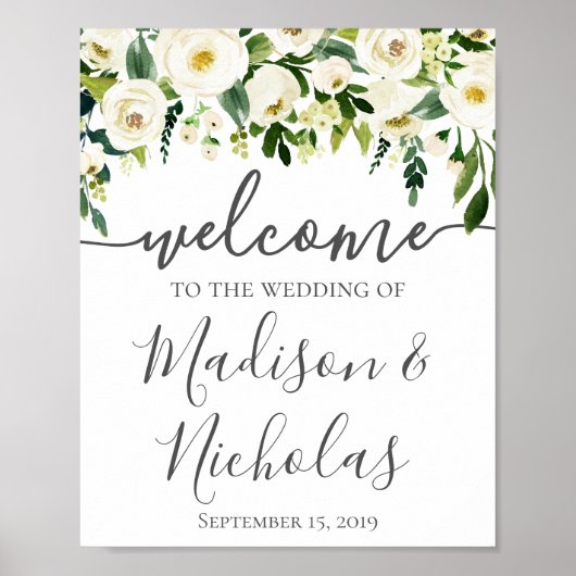 White Flower Greenery Wedding Welcome Sign Poster (Voorkant)