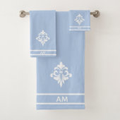 White Flower, Monogram and Stripes on Light Blue Bad Handdoek (Insitu)