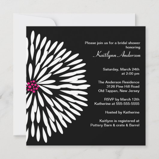 White Flower on Black Bridal Shower Invitation Kaart (Voorkant)