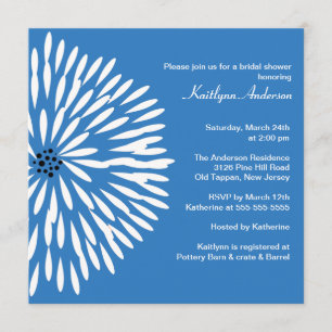 White Flower on Blue Bridal Shower Invitation Kaart
