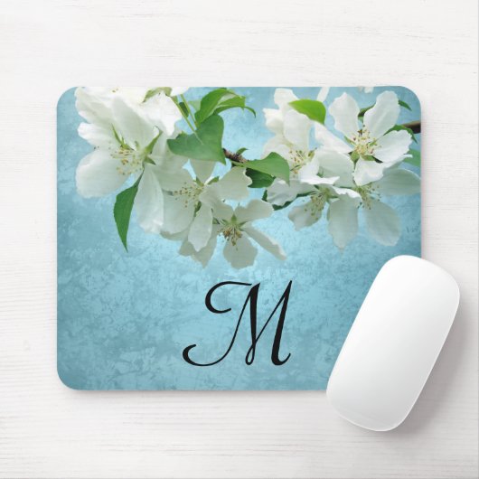 White Flower on Blue Monogram Initiaal Muismat (Met muis)