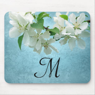 White Flower on Blue Monogram Initiaal Muismat