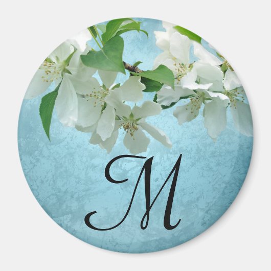 White Flower on Blue Sky Monogram Initiaal Magnet (Voorkant)