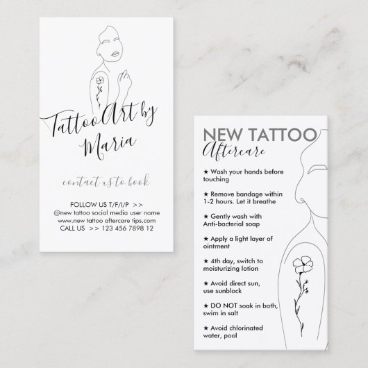 White Flower on Girl Shoulder New Tattoo Aftercare Visitekaartje (Voorkant / Achterkant)