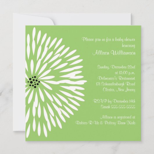 White Flower on Green Baby shower Invitation Kaart (Voorkant)