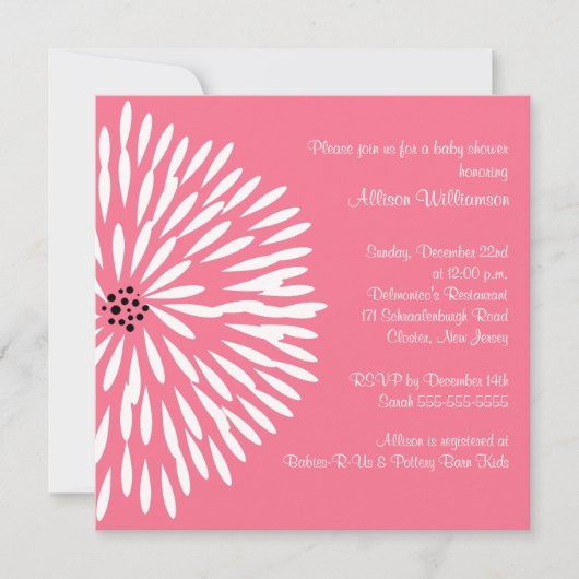 White Flower on Pink Baby shower Invitation Kaart (Voorkant)