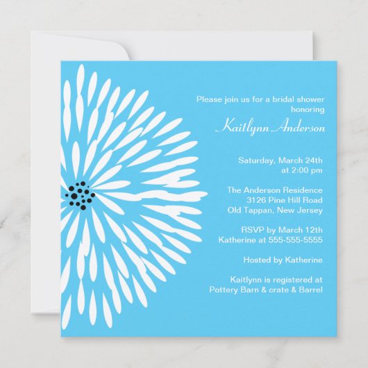 White Flower on Turquoise Bridal Shower Invitation Kaart (Voorkant)