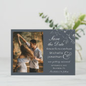 White Flower Outline on Navy Photography Wedding Save The Date (Staand voorkant)