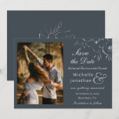 White Flower Outline on Navy Photography Wedding Save The Date (Voorkant / Achterkant)