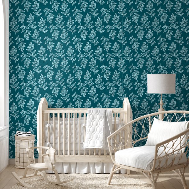 White Flower Pattern Botanical Dark Blauwgroen Blo Behang (Kinderen)