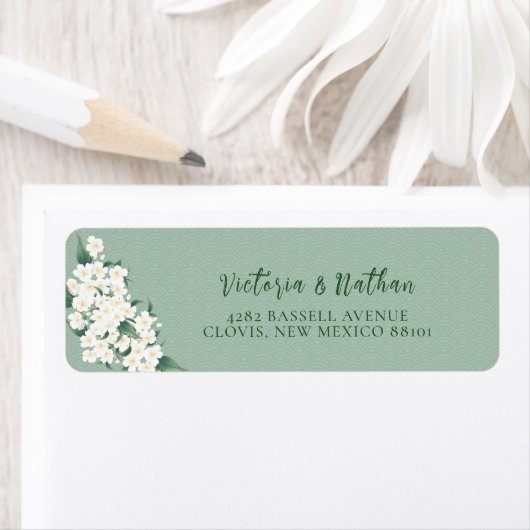 White Flower Sage Green Chinoiserie Cloud Pattern Etiket (Insitu)