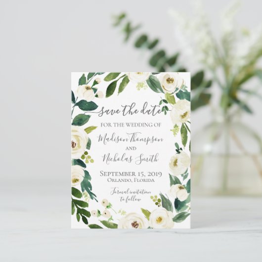 White Flower Wreath Save the Date Briefkaarten (Staand voorkant)